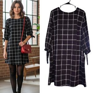 A New Day Black White Plaid Quarter Tie Sleeves Mini Shift Dress XL Boho Chic